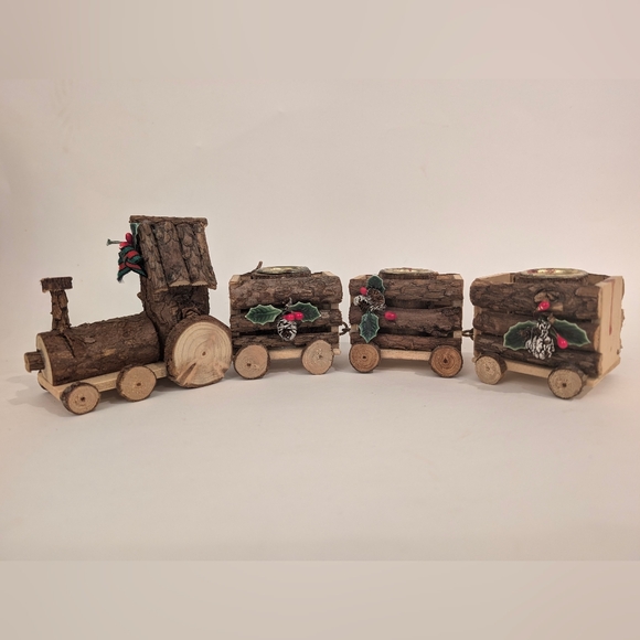 Vintage 1990s Christmas Around the World Natural Bark Train Display Candle Set - Picture 2 of 14